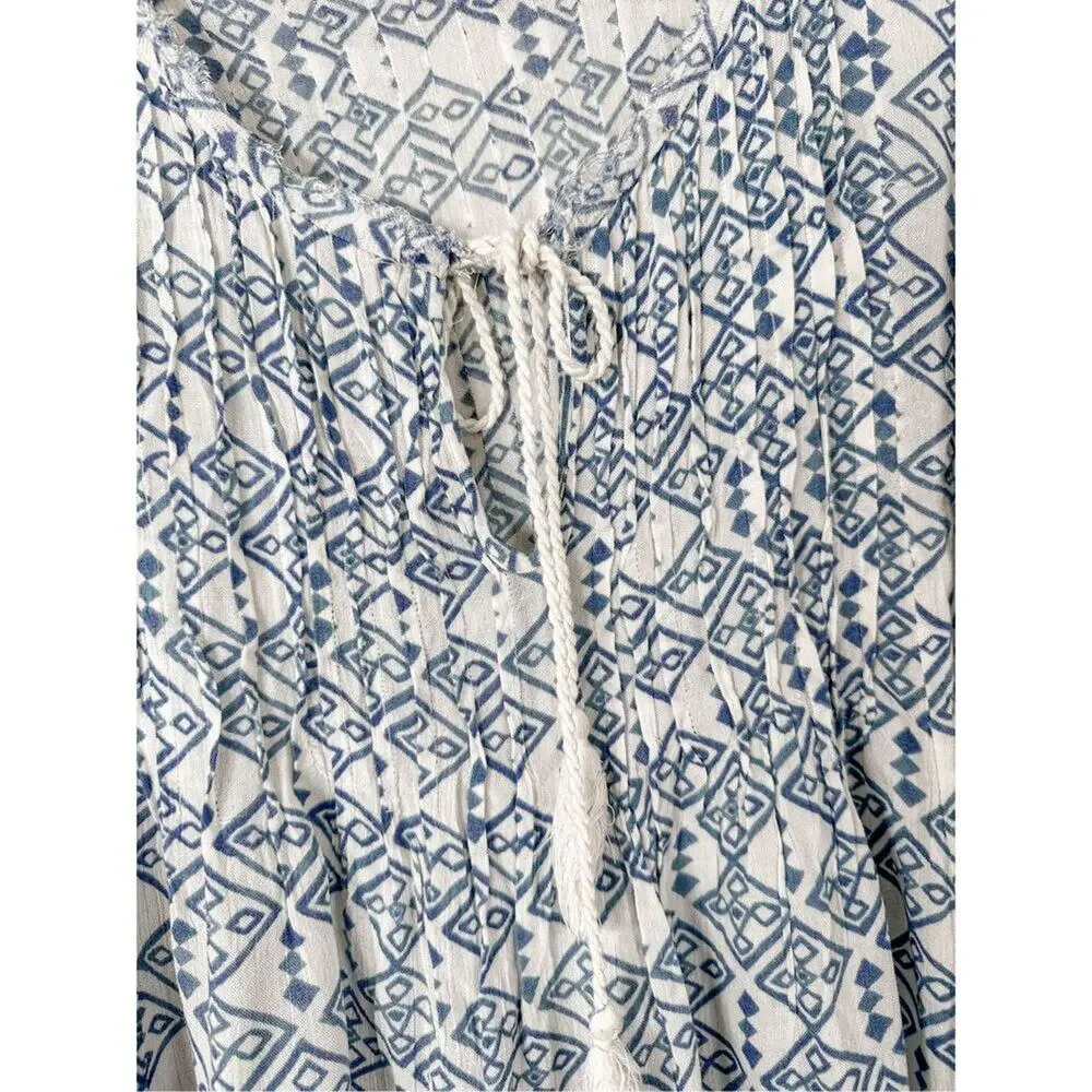 Free People Women's Geometric Long Sleeve Boho Mini Dress White Blue Small